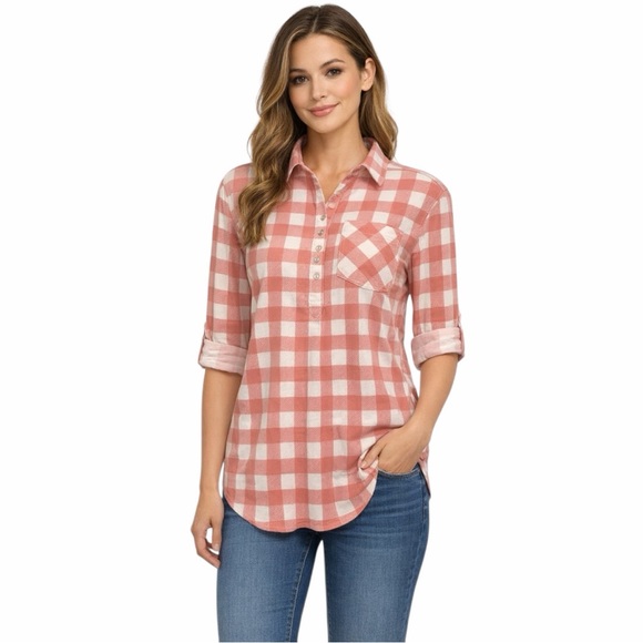 Country Door Tops - Country Door Coral Pink Collared Stretch Flannel Plaid Shirt Career Casual Tunic